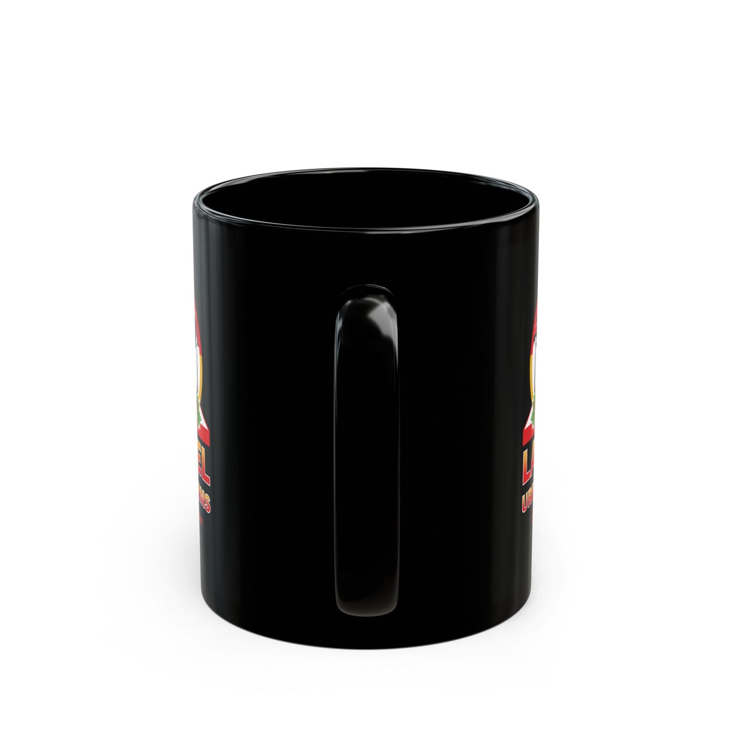 Laurel Urban Farms 2-sided Logo Black Coffee Mug: Side Handle View
