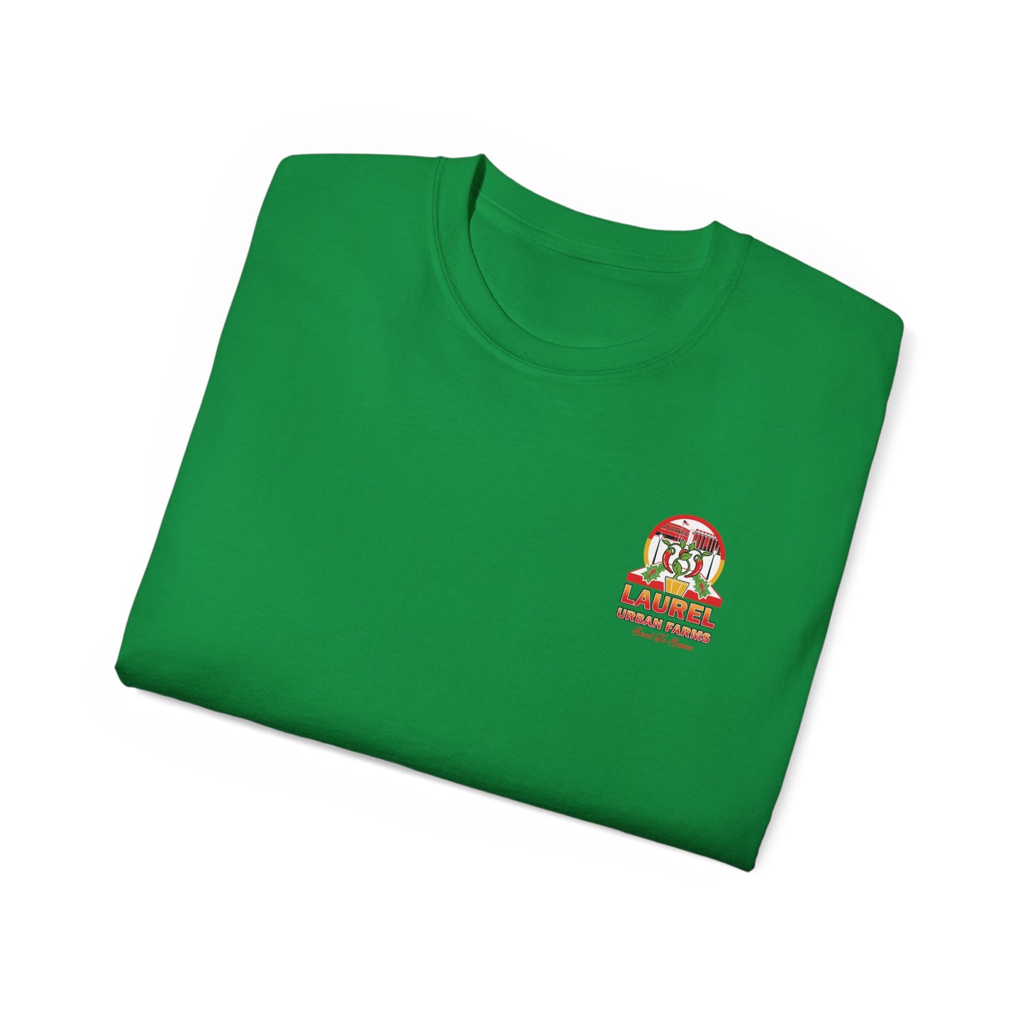 Folded Unisex Laurel Urban Farms Logo Cotton T-shirt in Irish Green