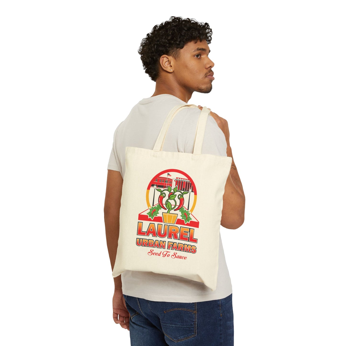 Person carrying Laurel Urban Farm Canvas Tote in Natural color
