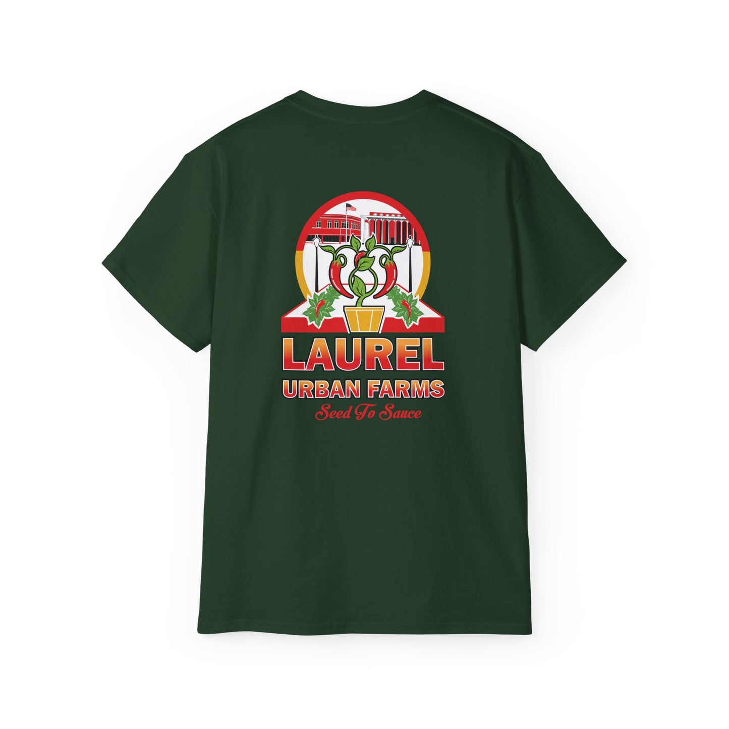 Laurel Urban Farms Logo Cotton T-shirt Forest Green. Great for layering and work/play
