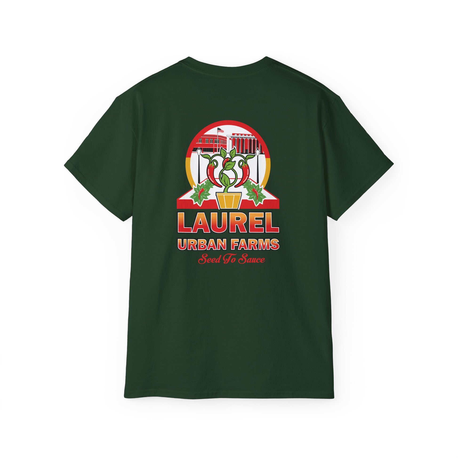 Laurel Urban Farms Logo Cotton T-shirt Forest Green. Great for layering and work/play