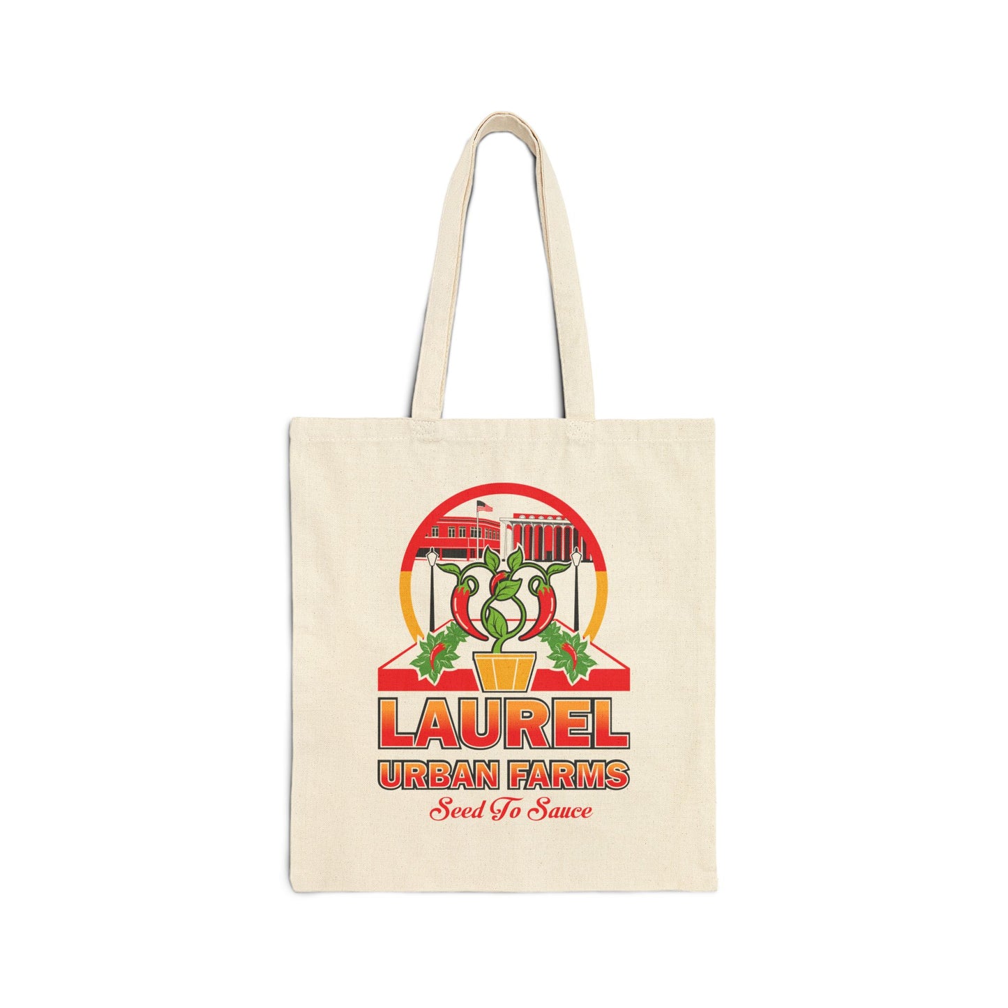 Laurel Urban Farms Double-sided logo cotton canvas tote bag in natural color. Dimensions of bag are 15" x 16" making it perfect for daily shopping.