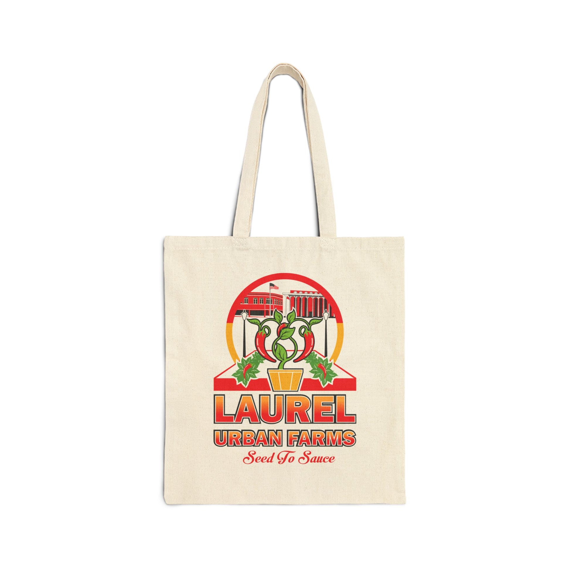 Laurel Urban Farms Double-sided logo cotton canvas tote bag in natural color. Dimensions of bag are 15" x 16" making it perfect for daily shopping.
