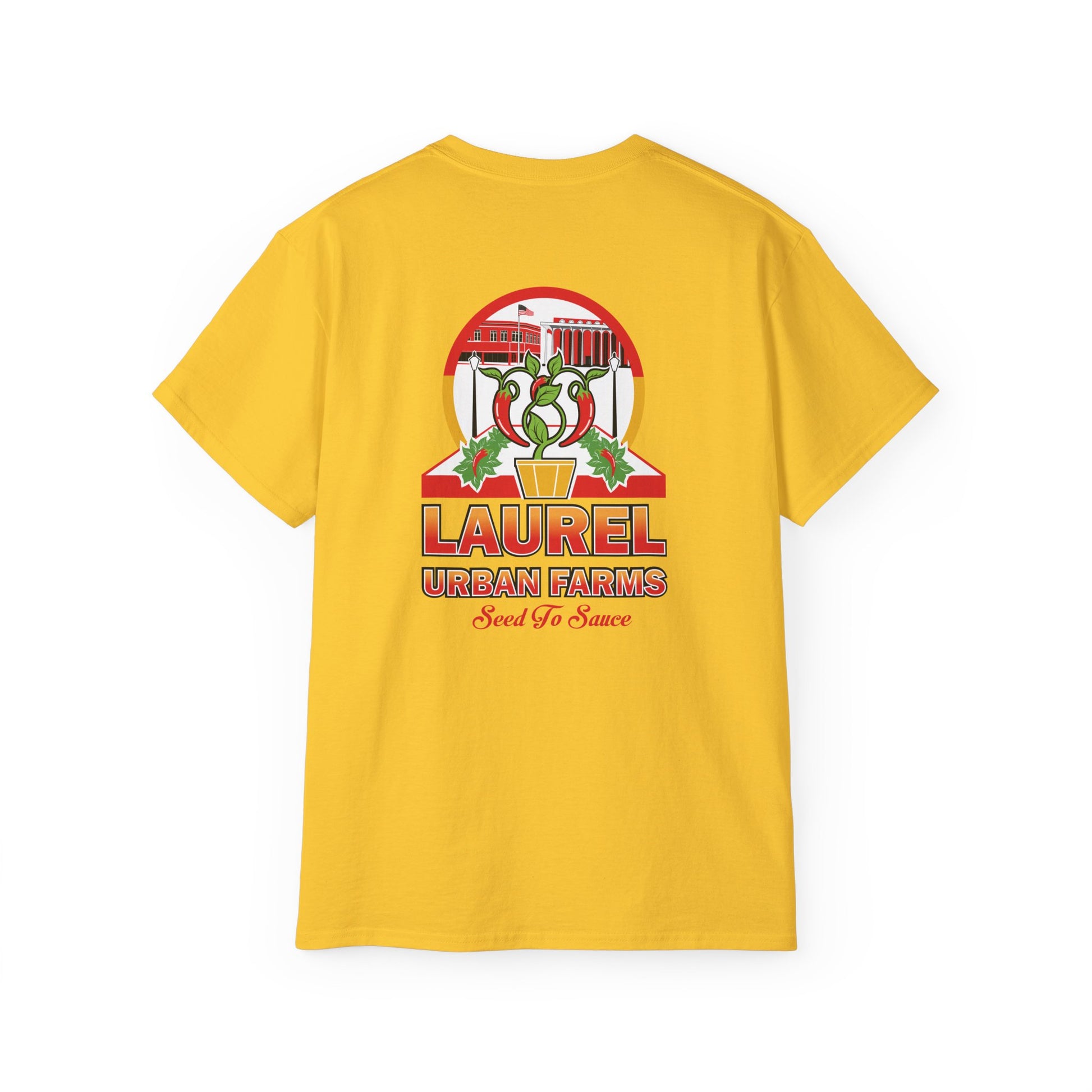 Laurel Urban Farms Logo Cotton T-shirt in Daisy Yellow: Back view with larger logo