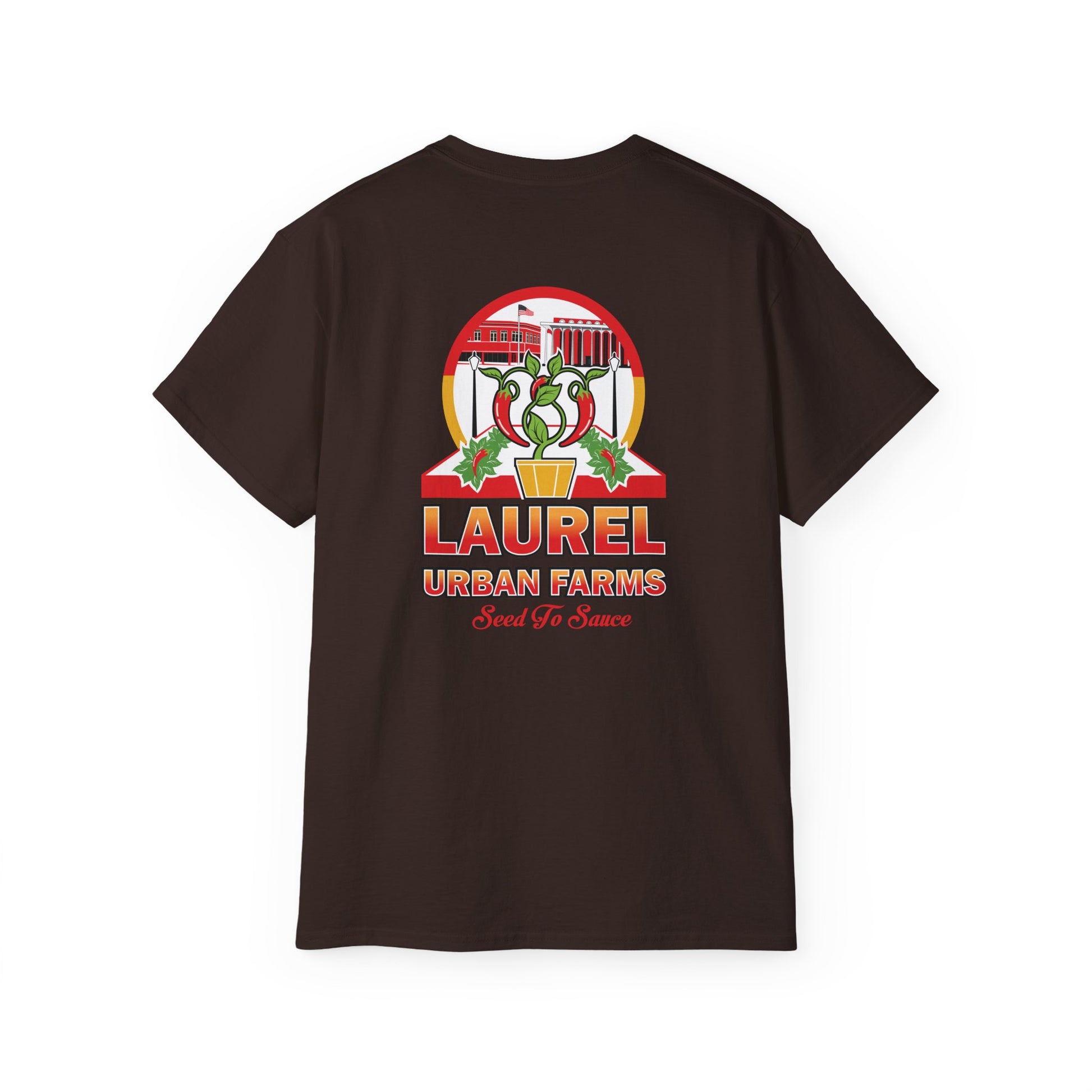 Laurel Urban Farms Logo Cotton T-shirt in Dark Chocolate: Back view with larger logo