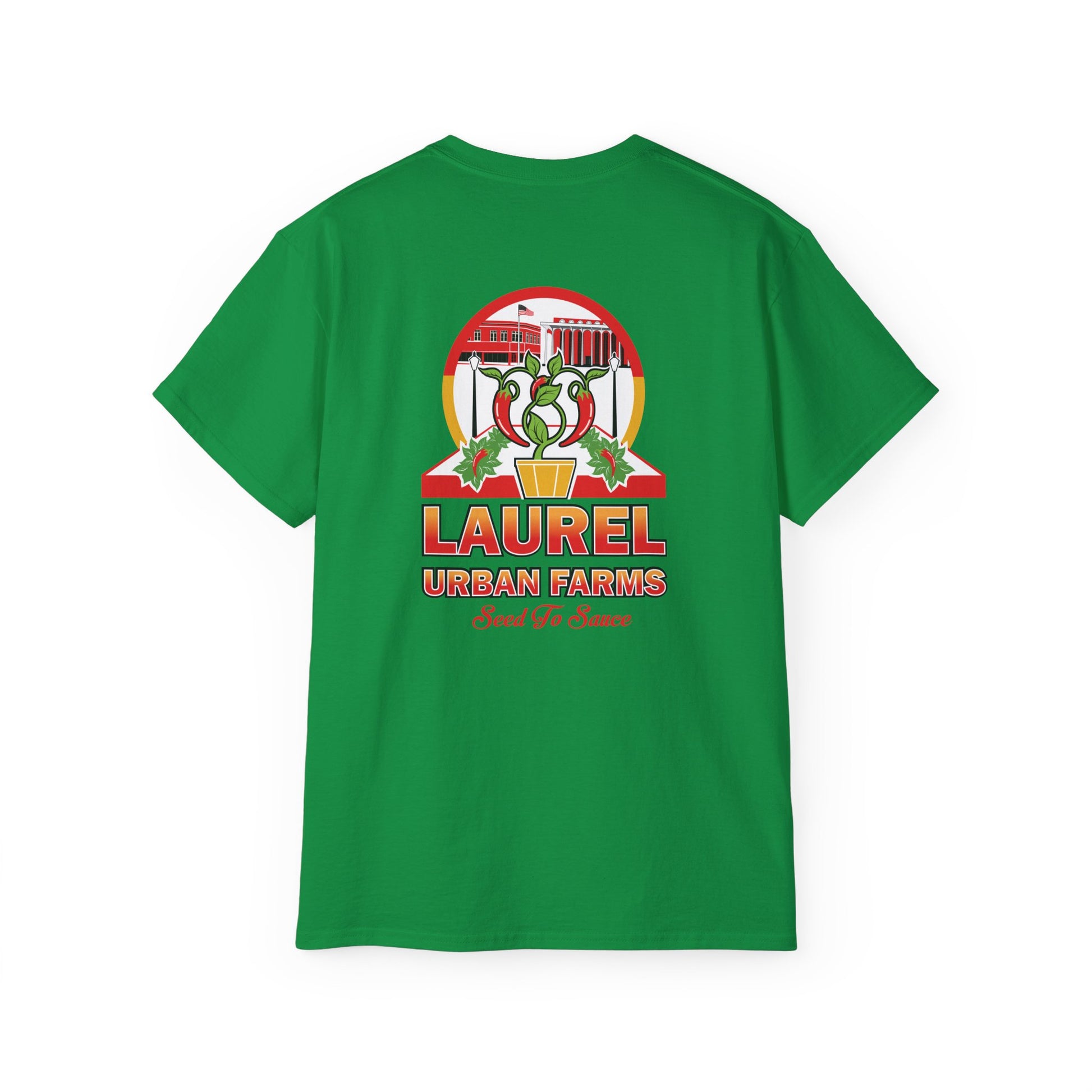 Laurel Urban Farms Logo Cotton T-shirt in IrishGreen: Back view with larger logo