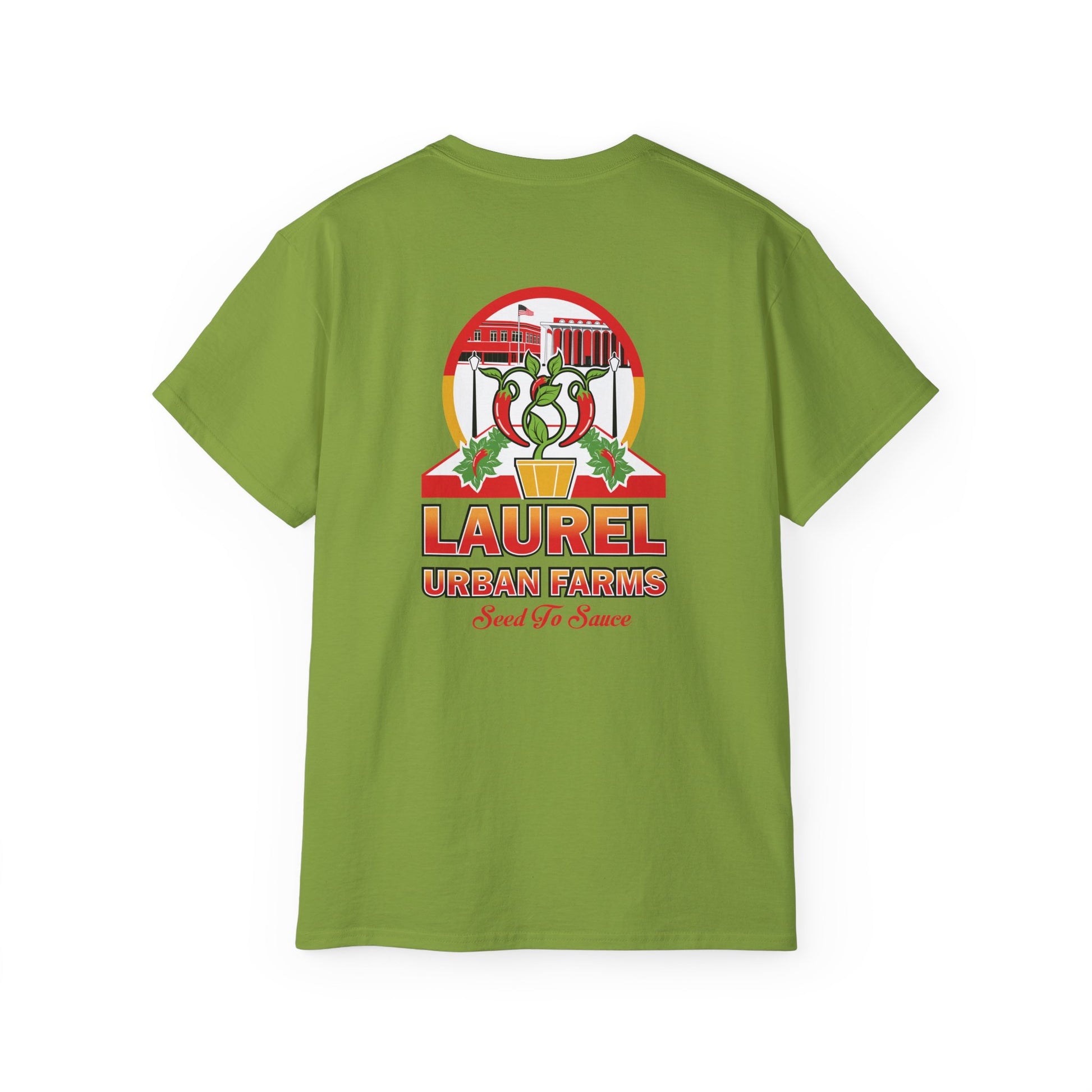 Laurel Urban Farms Logo Cotton T-shirt in Kiwi: Back view with larger logo