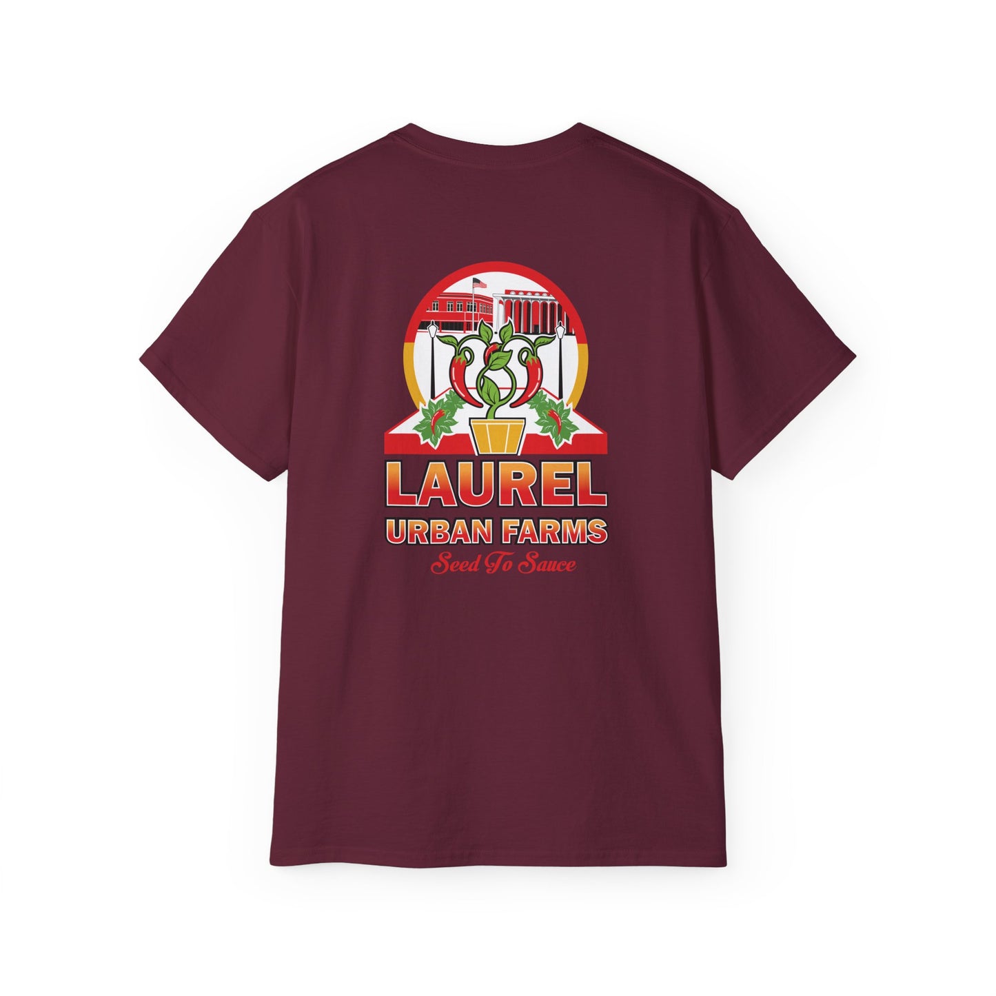 Laurel Urban Farms Logo Cotton T-shirt in Maroon: Back view with larger logo