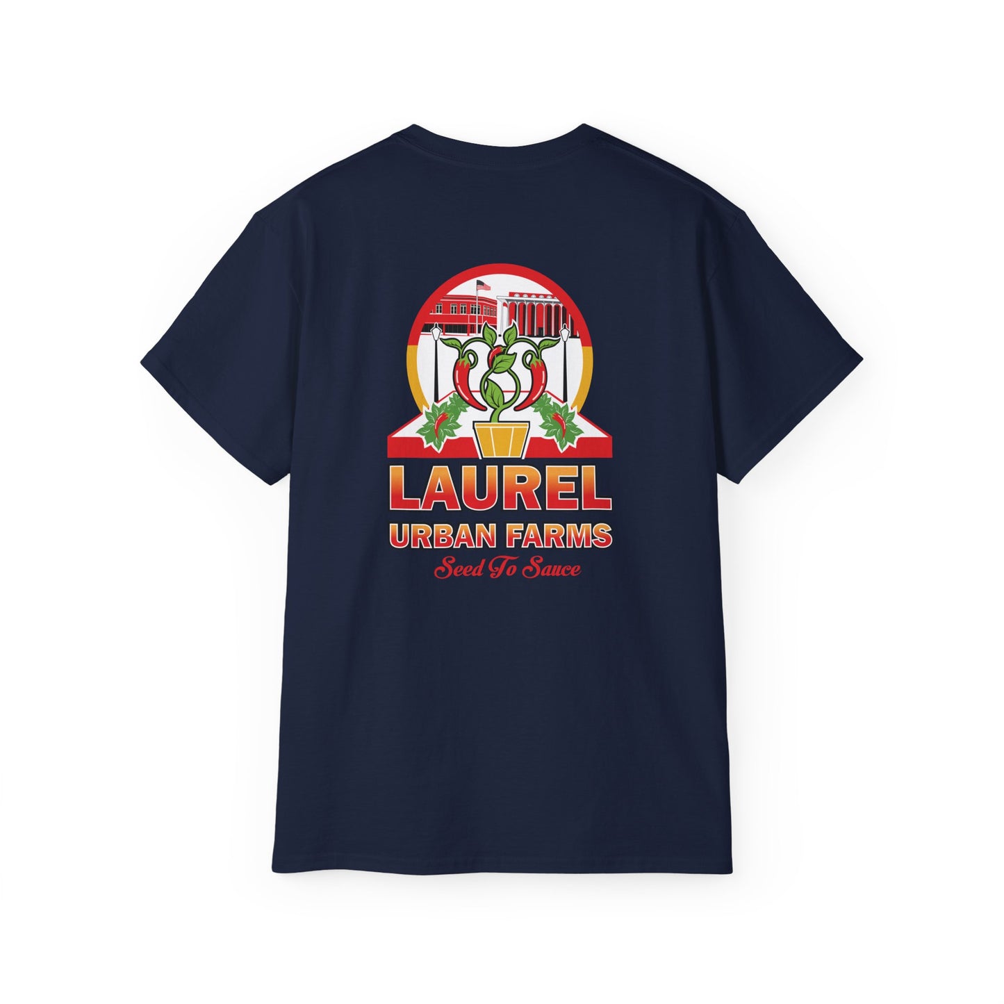 Laurel Urban Farms Logo Cotton T-shirt in Navy: Back View