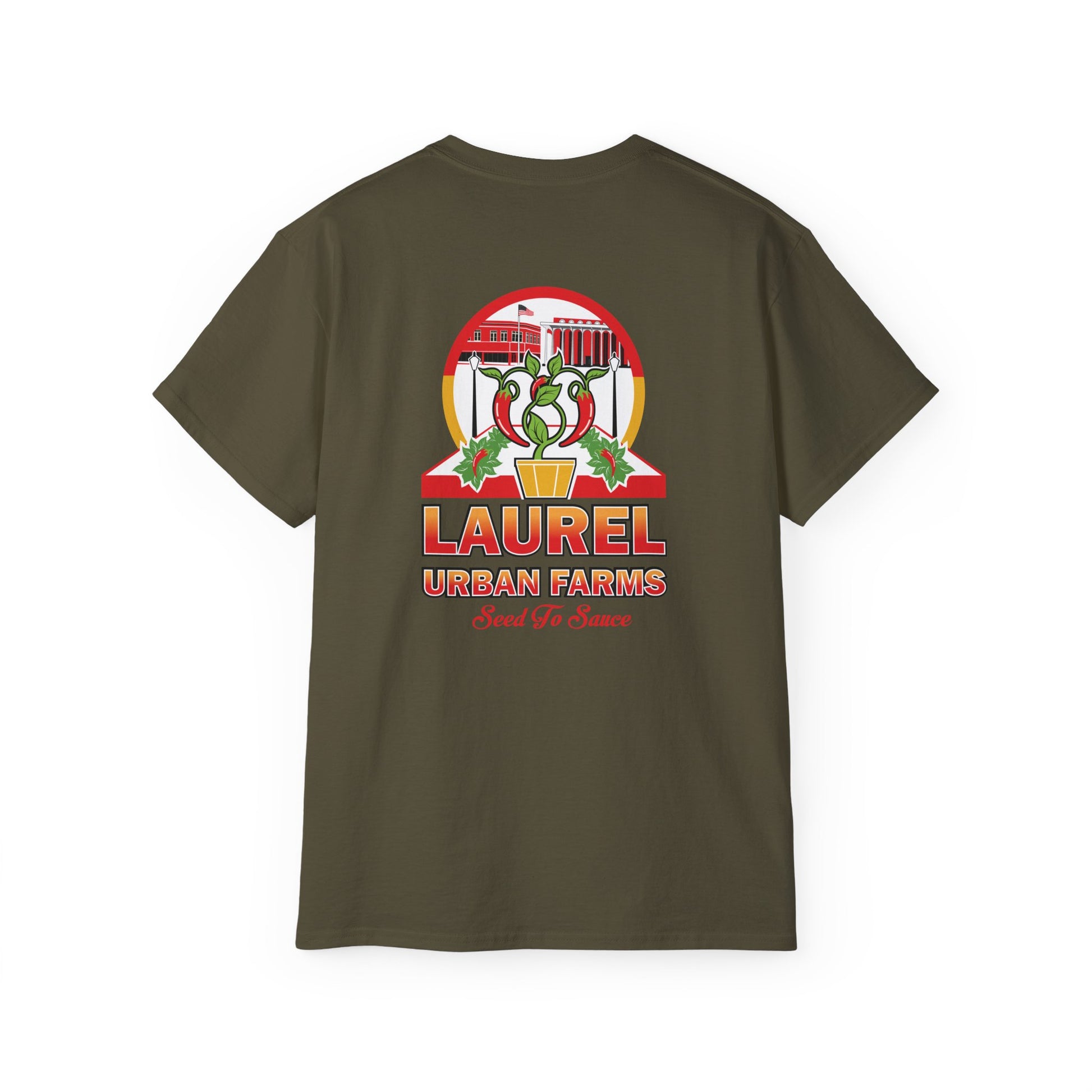 Laurel Urban Farms Logo Cotton T-shirt in Olive Green: Back view with larger logo