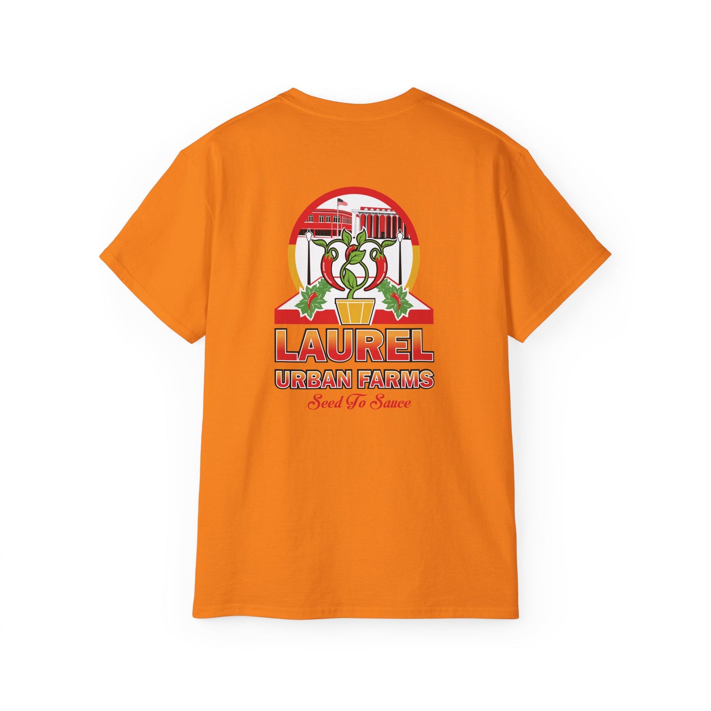 Laurel Urban Farms Logo Cotton T-shirt in Safety Orange: Back view with larger logo