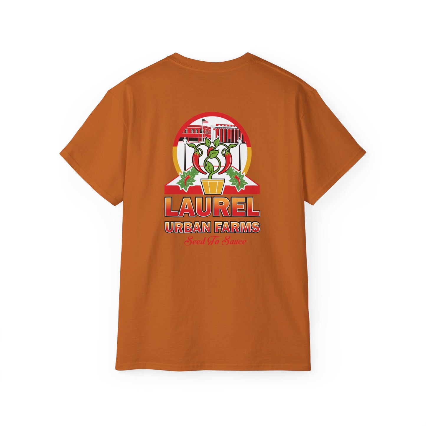 Laurel Urban Farms Logo Cotton T-shirt in Texas Orange: Back view with larger logo
