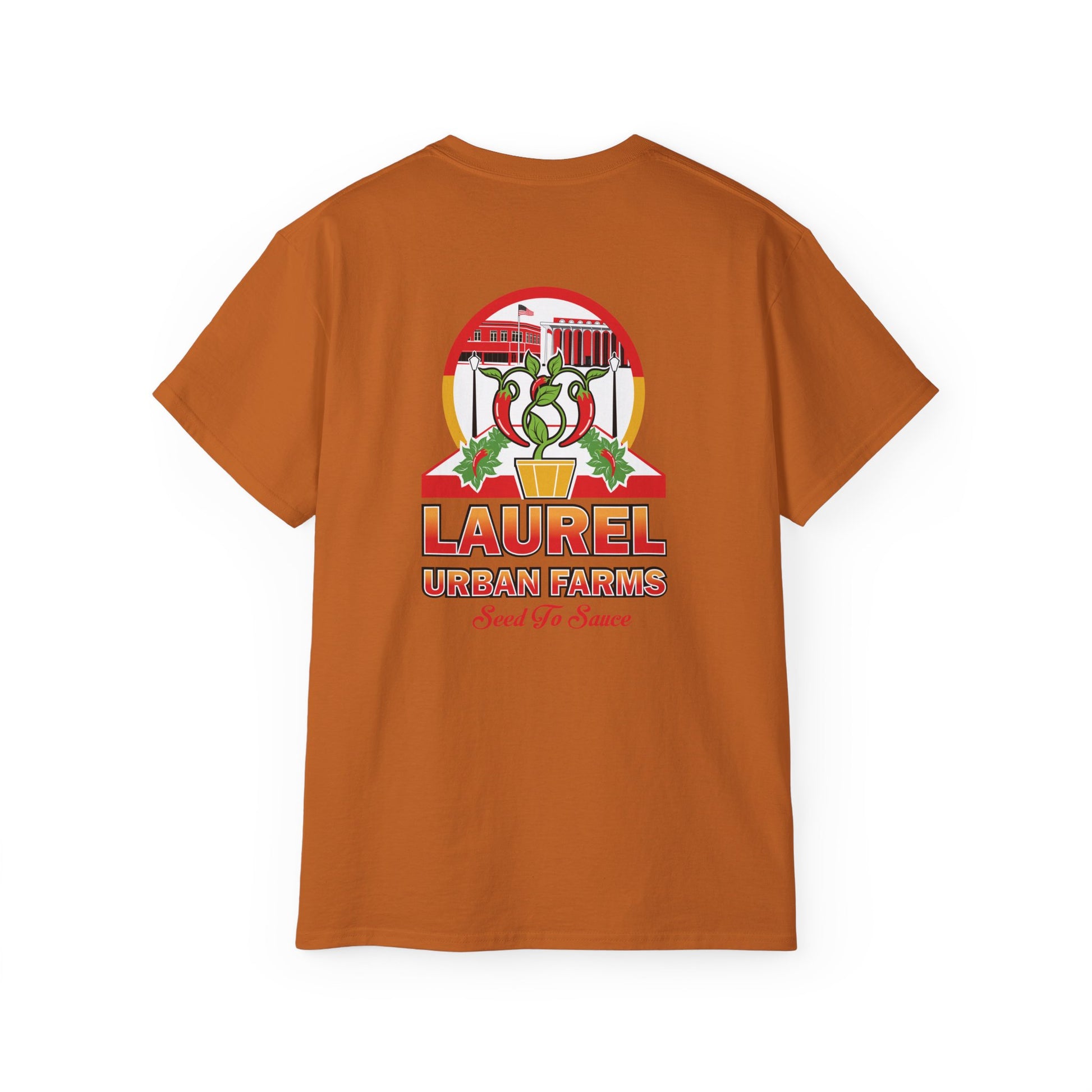 Laurel Urban Farms Logo Cotton T-shirt in Texas Orange: Back view with larger logo

