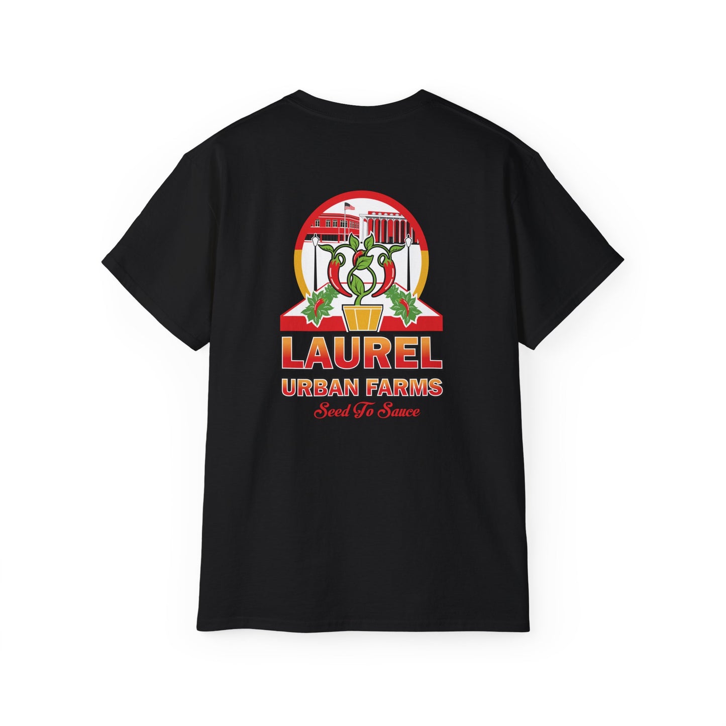 Laurel Urban Farms Logo Cotton T-shirt in Black: Back view with larger logo