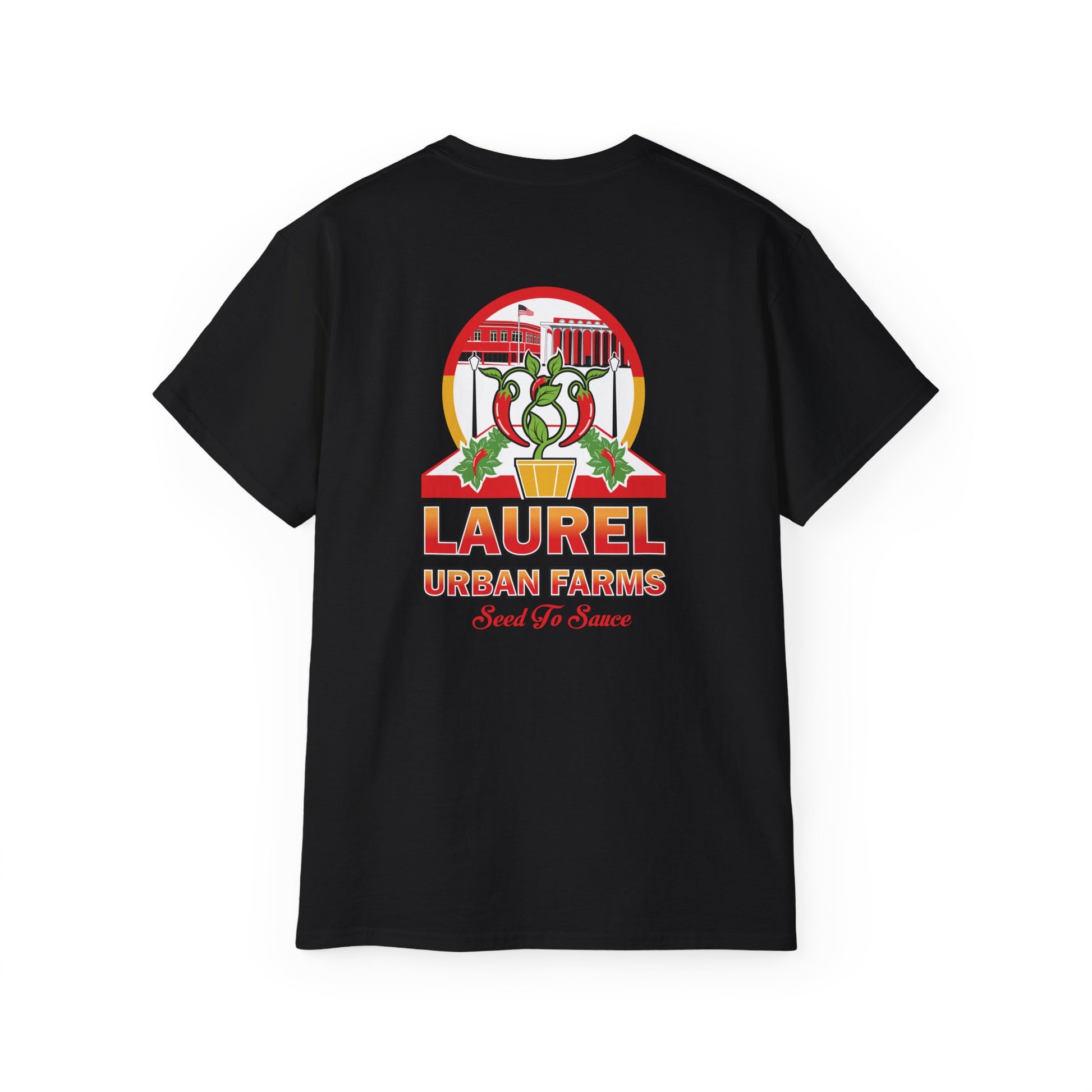 Laurel Urban Farms Logo Cotton T-shirt in Black: Back view with larger logo