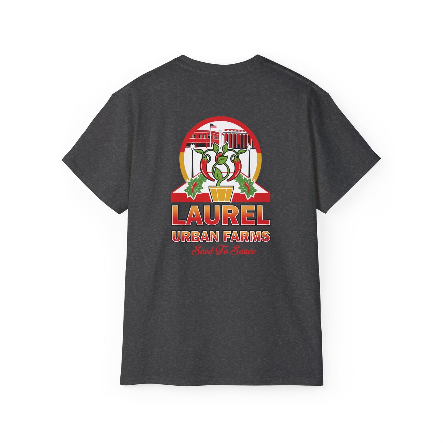 Laurel Urban Farms Logo Cotton T-shirt in Dark Heather Gray. Great for layering and work/play