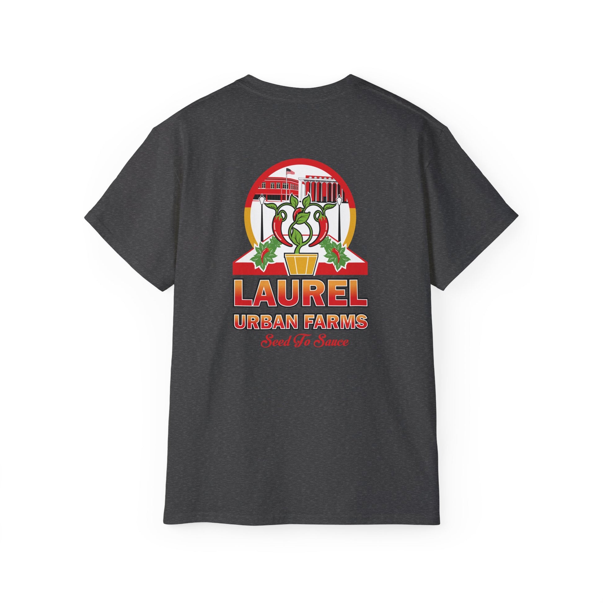 Laurel Urban Farms Logo Cotton T-shirt in Dark Heather Gray. Great for layering and work/play