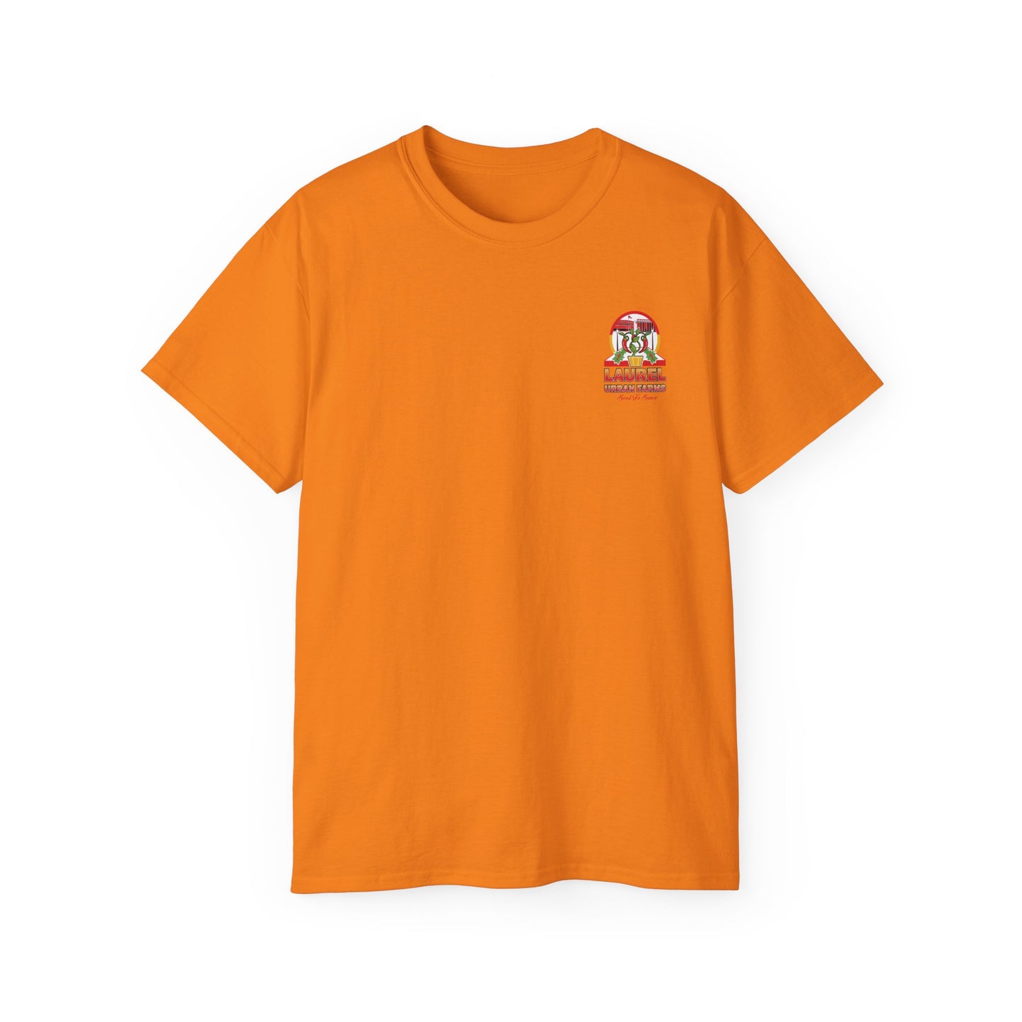 Laurel Urban Farms Cotton T-shirt: Front View with small logo on left chest: Orange