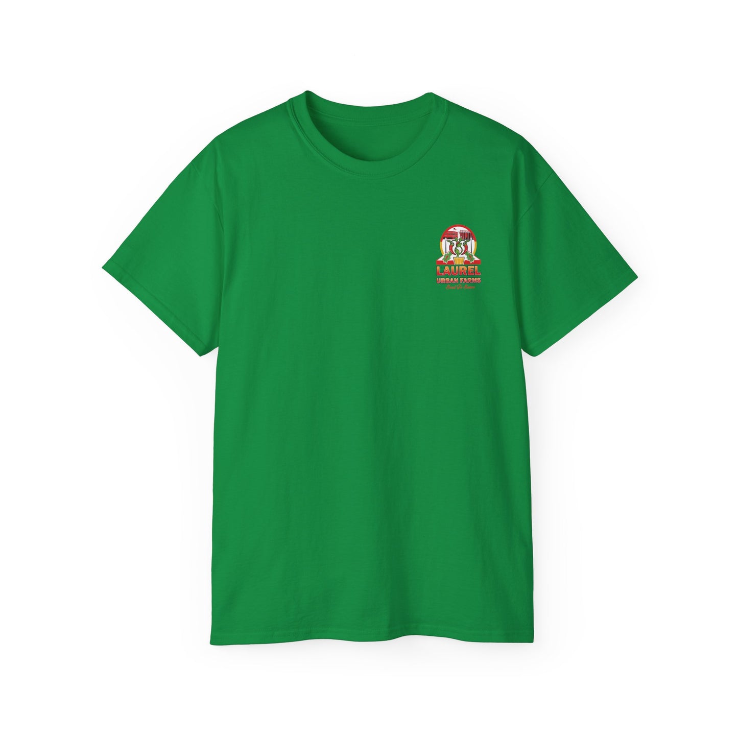 Laurel Urban Farms Logo Cotton T-shirt Irish Green. Great for layering and work/play
