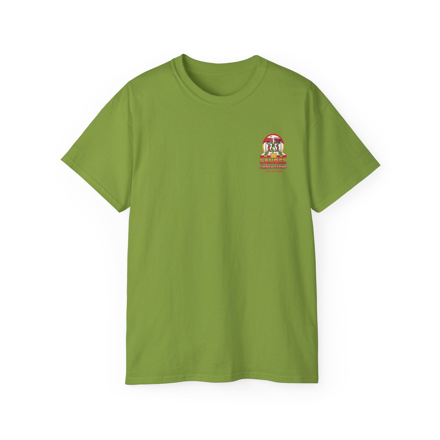 Laurel Urban Farms Logo Cotton T-shirt in Kiwi Green. Great for layering and working/playing outdoors. 