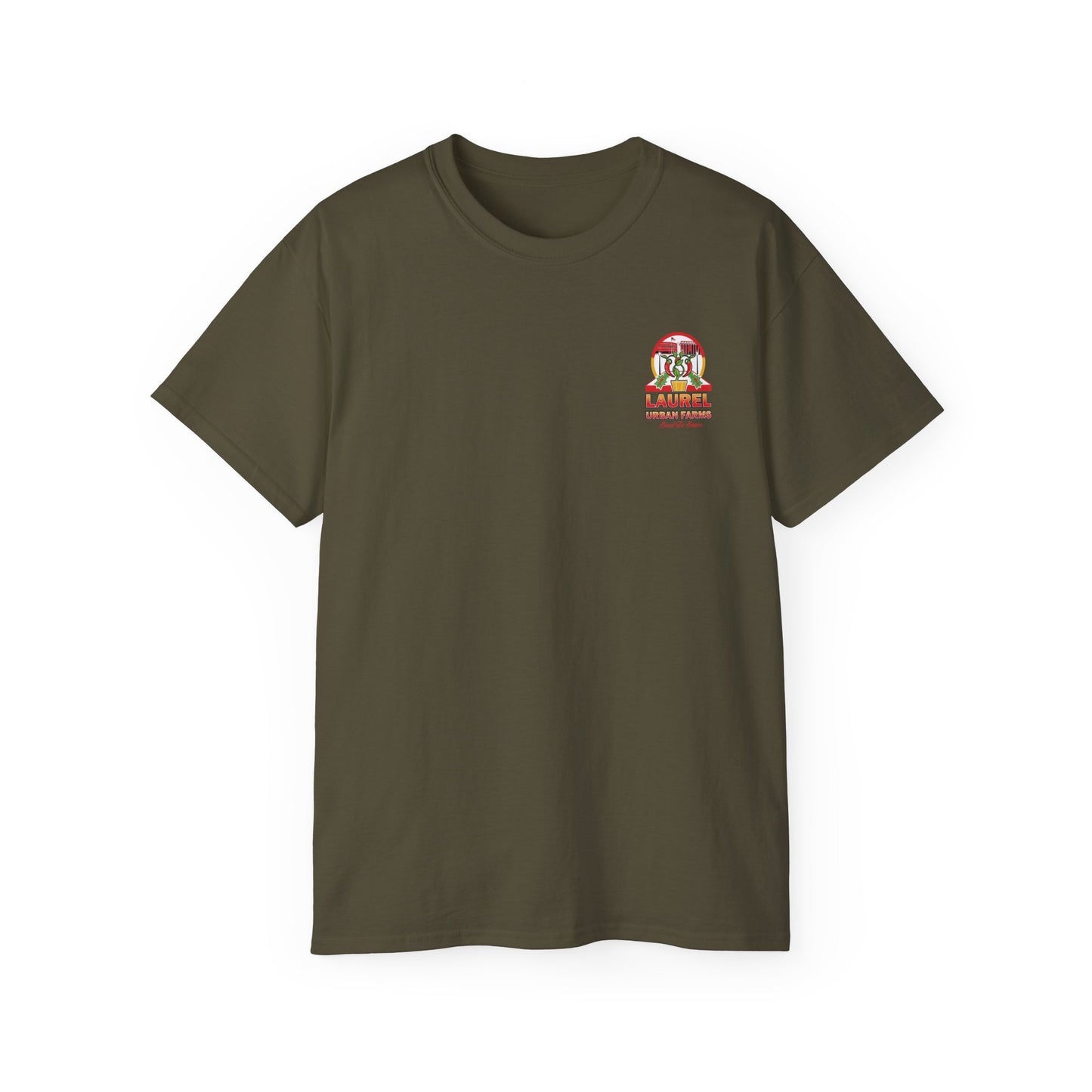 Laurel Urban Farms Logo Cotton T-shirt in Olive Green. Great for layering and working outside.
