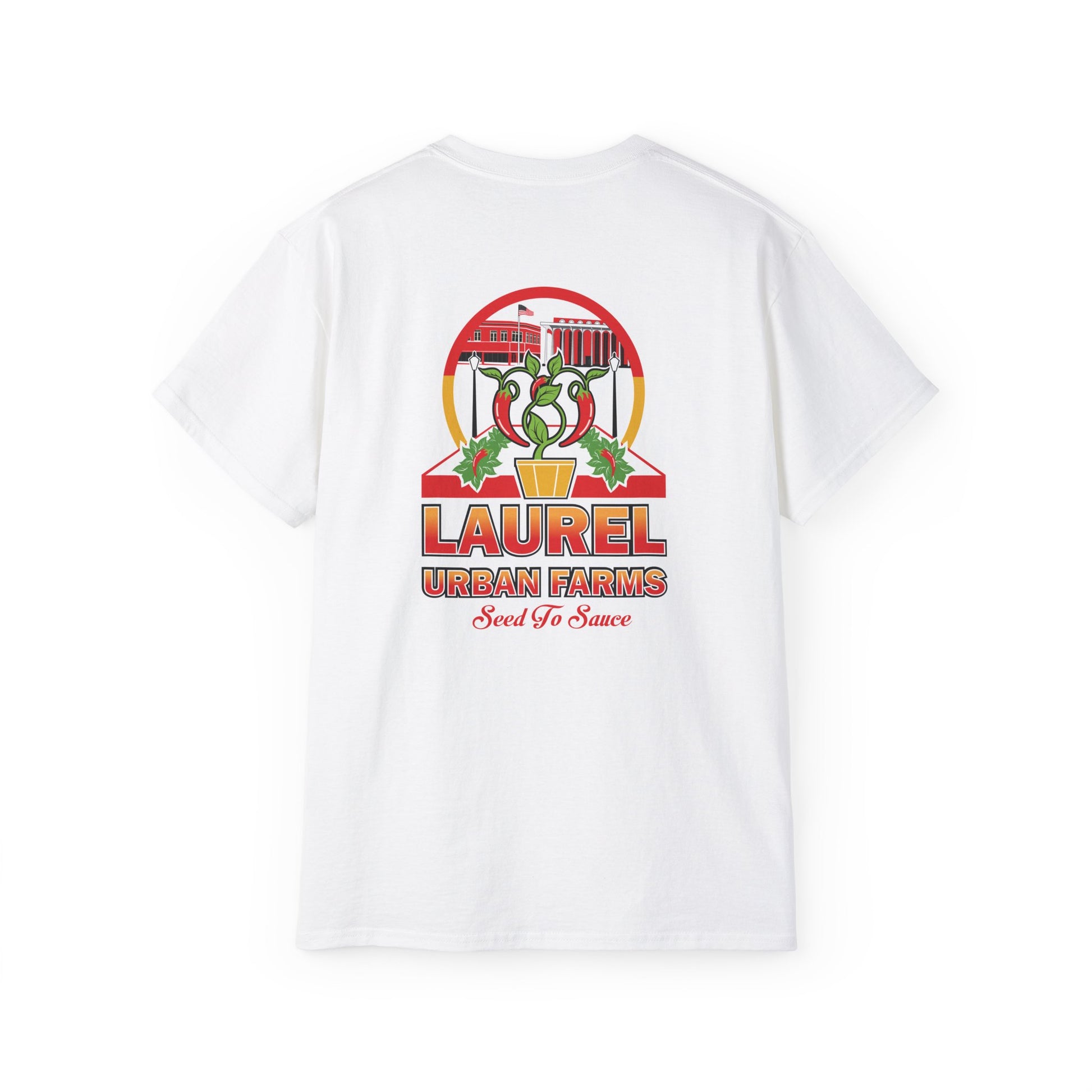 Laurel Urban Farms Logo Cotton T-shirt in White: Back View