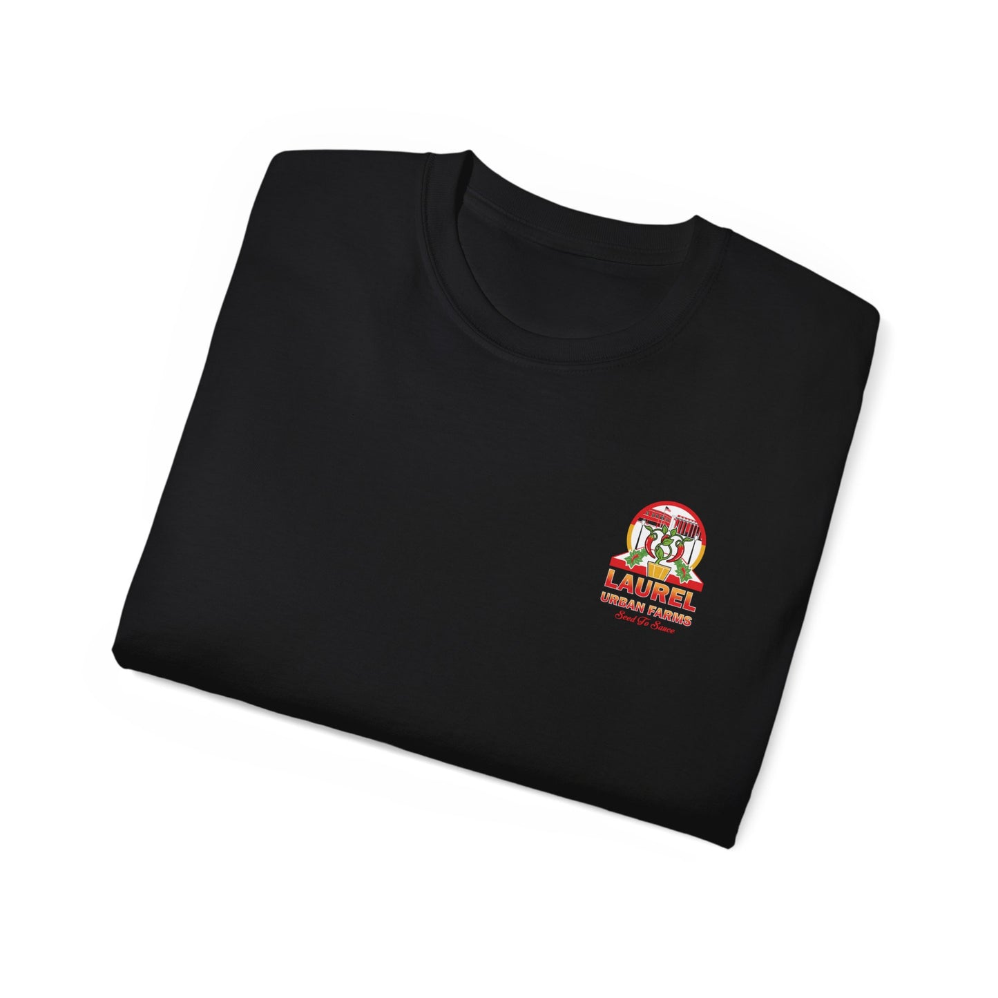 Laurel Urban Farms Unisex T-shirt Logo Folded in Black