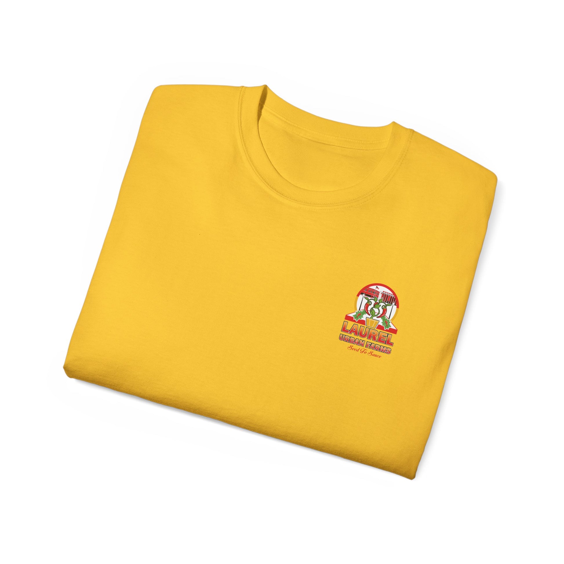 Folded Unisex Laurel Urban Farms Logo Cotton T-shirt in Daisy Yellow