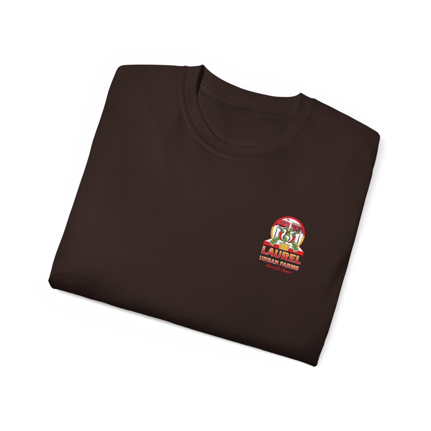 Folded Unisex Laurel Urban Farms Logo Cotton T-shirt in Dark Chocolate
