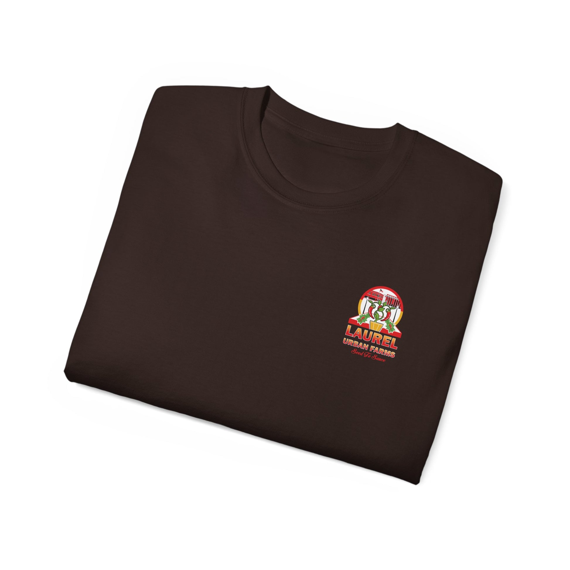 Folded Unisex Laurel Urban Farms Logo Cotton T-shirt in Dark Chocolate