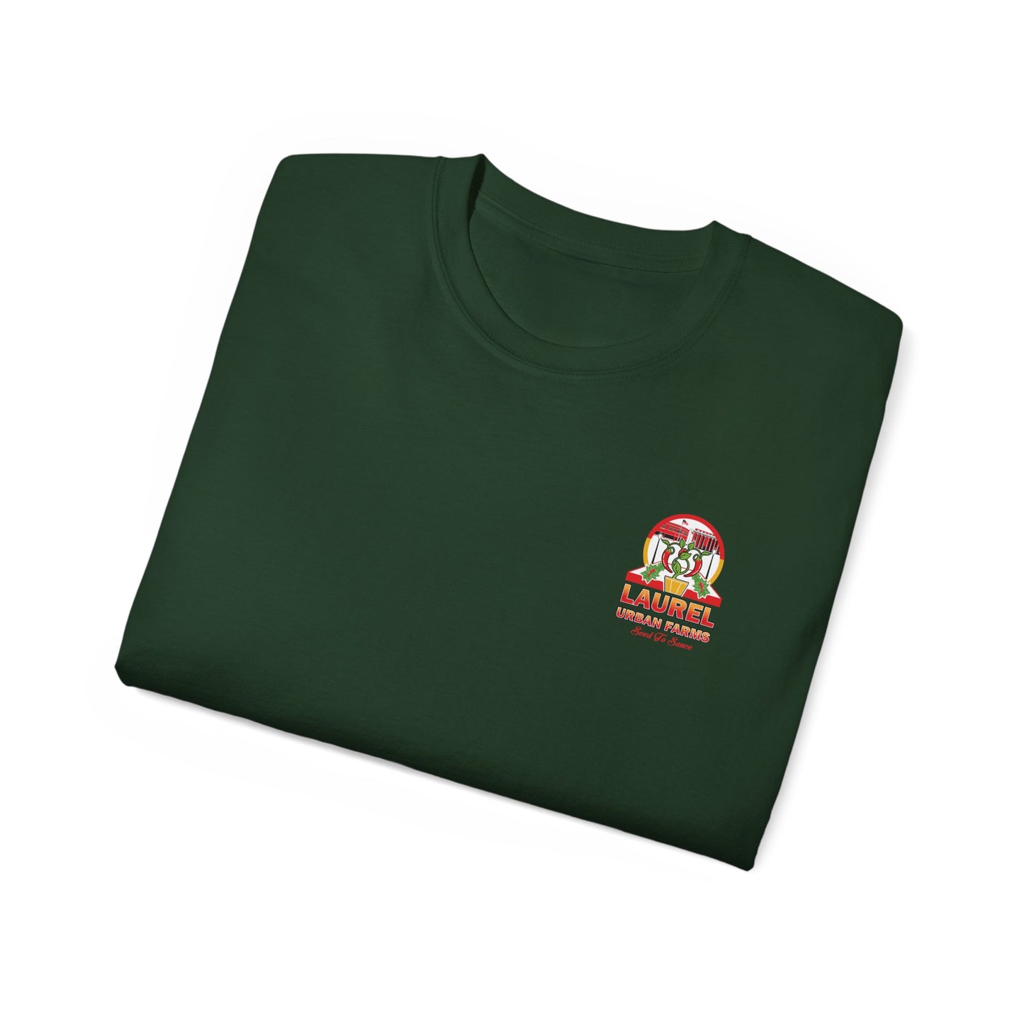 Laurel Urban Farms Unisex T-shirt Logo Folded in Forest Green