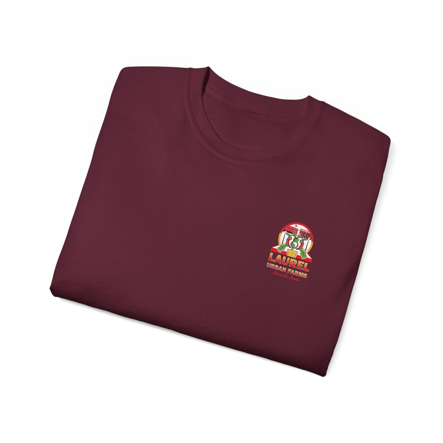 Folded Unisex Laurel Urban Farms Logo Cotton T-shirt in Maroon
