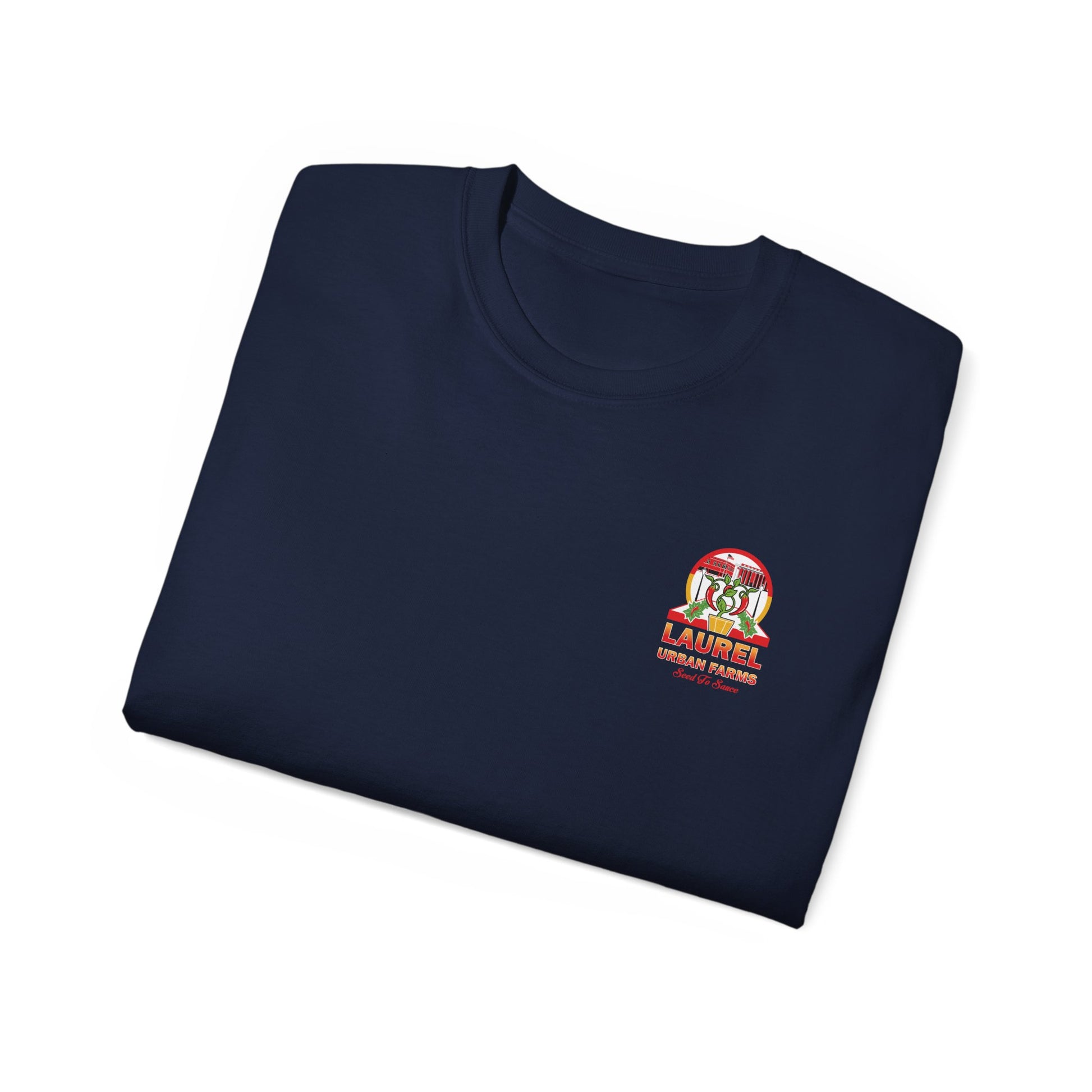 Laurel Urban Farms Unisex T-shirt Logo Folded in Navy