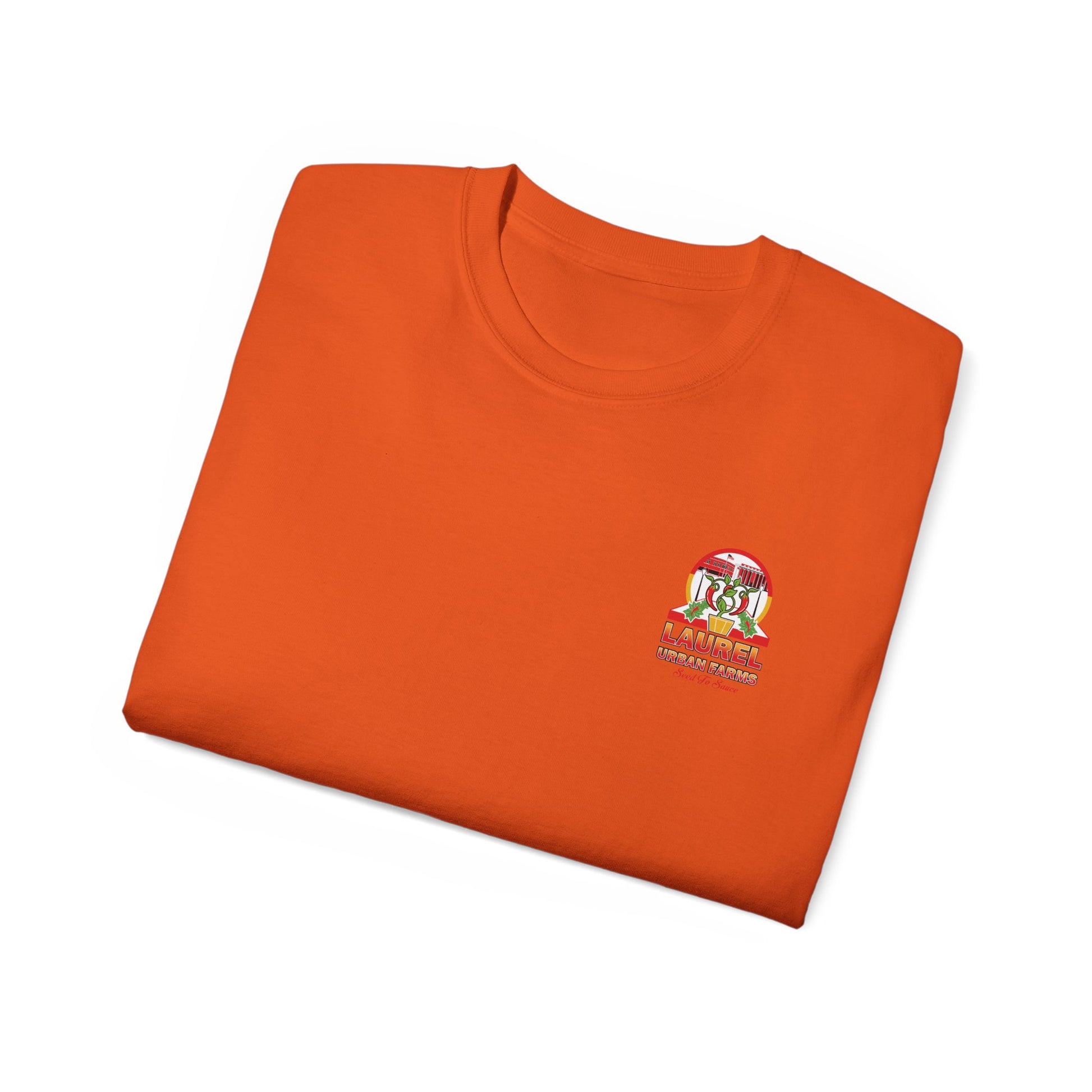 Laurel Urban Farms Unisex T-shirt Logo Folded in Orange