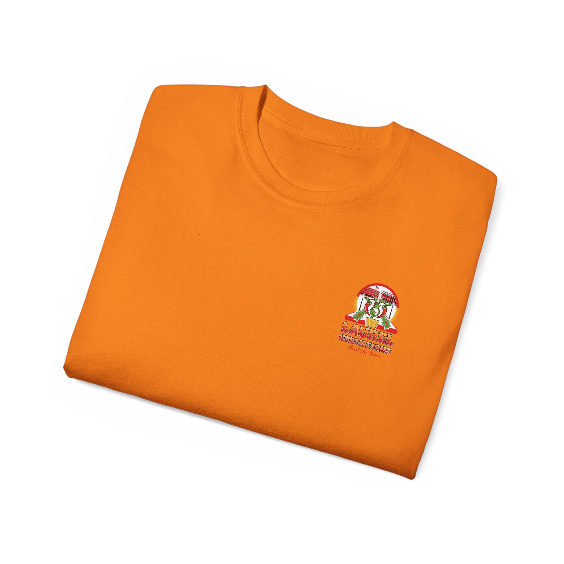 Laurel Urban Farms Unisex T-shirt Logo Folded in Safety Orange