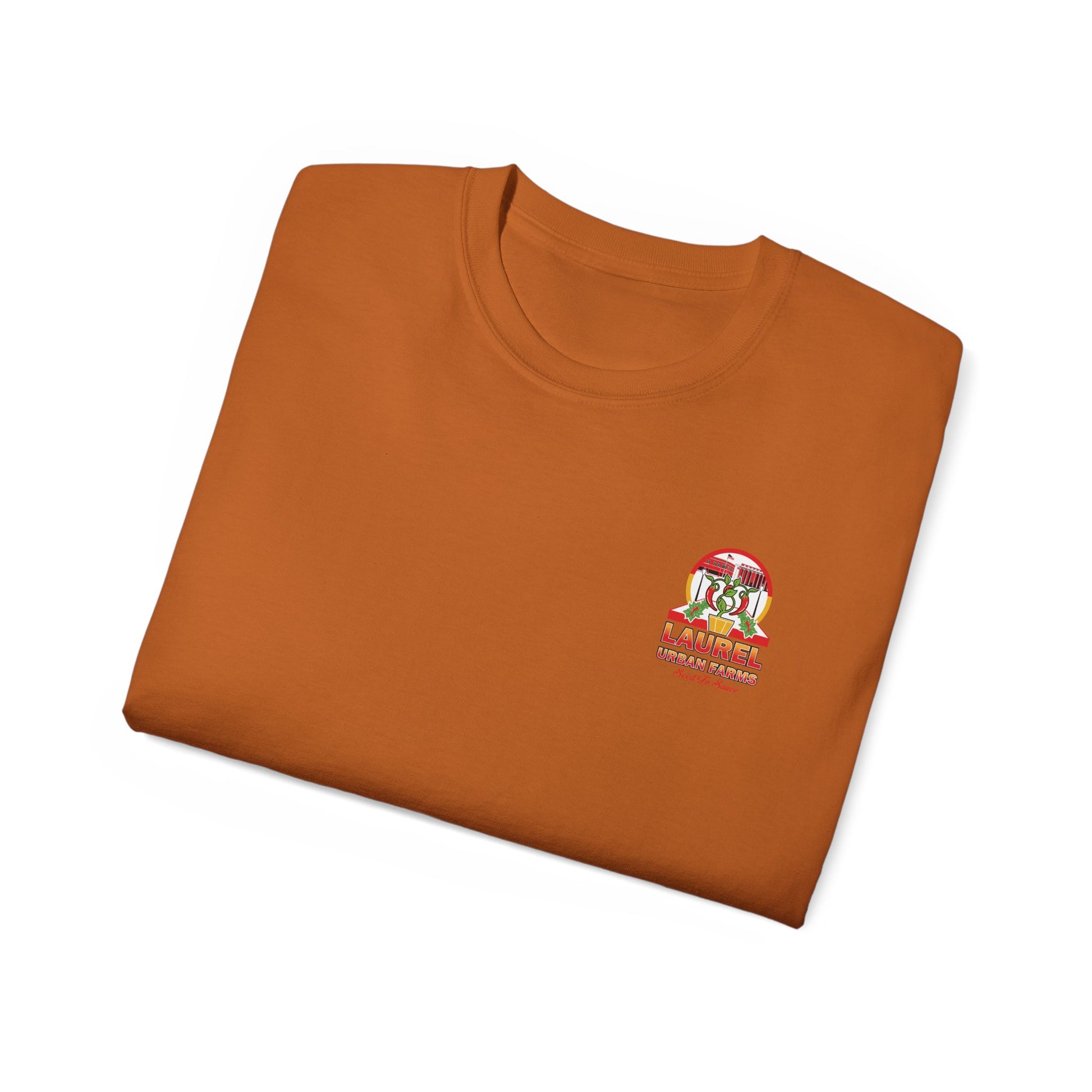 Folded Unisex Laurel Urban Farms Logo Cotton T-shirt in Texas Orange