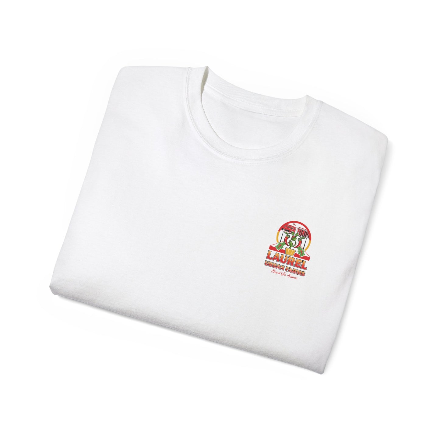 Folded Unisex Laurel Urban Farms Logo Cotton T-shirt in white