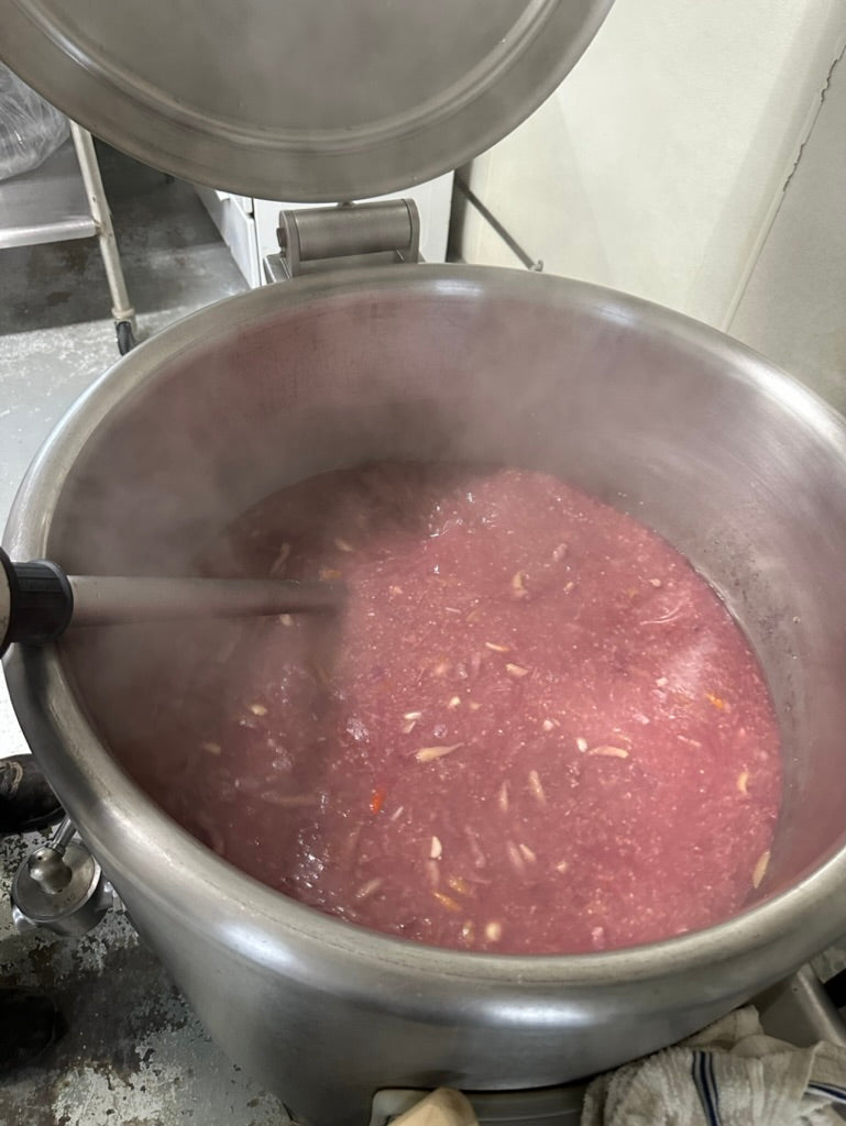 Making Laurel Urban Farm's Pink Panther Hot Sauce--the immersion blending step. Sauce turns bright pink